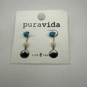 Pura Vida Dangle Earrings Turquoise Bead Cowrie Shell Silver Tone Scallop
